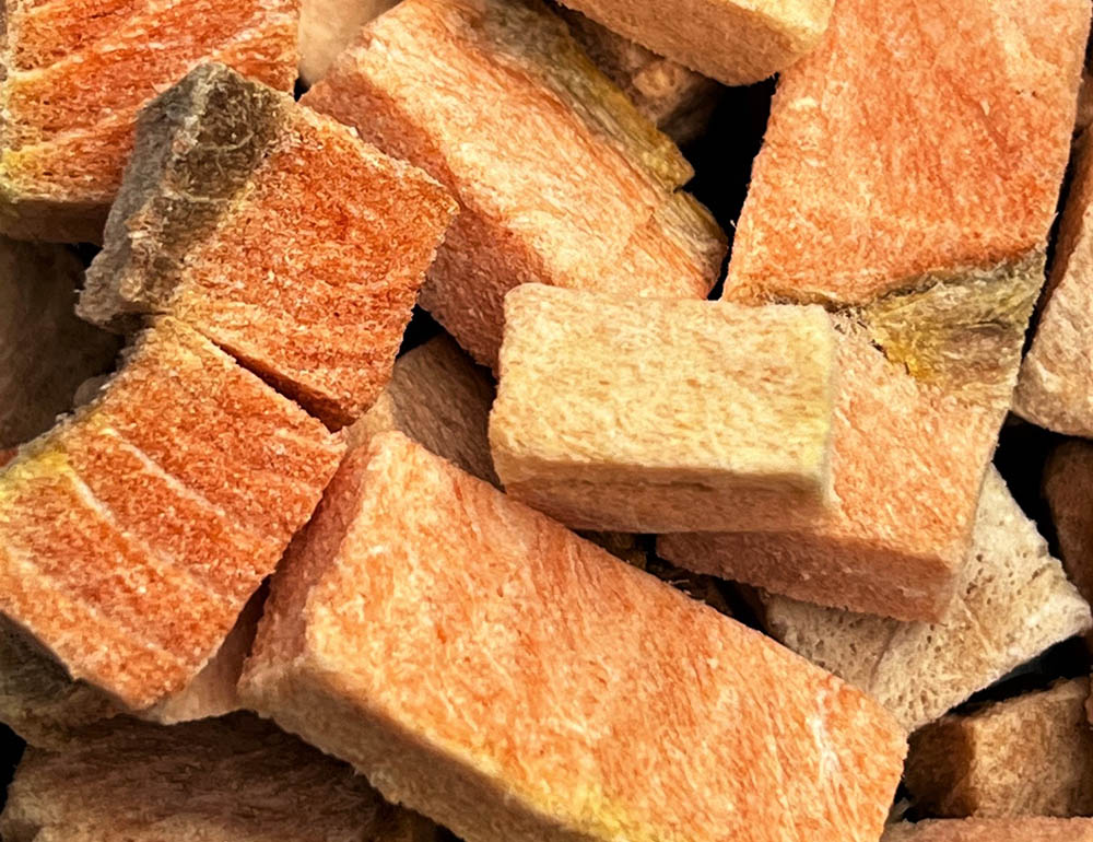 Close up of freeze dried wild Alaska salmon pet treats